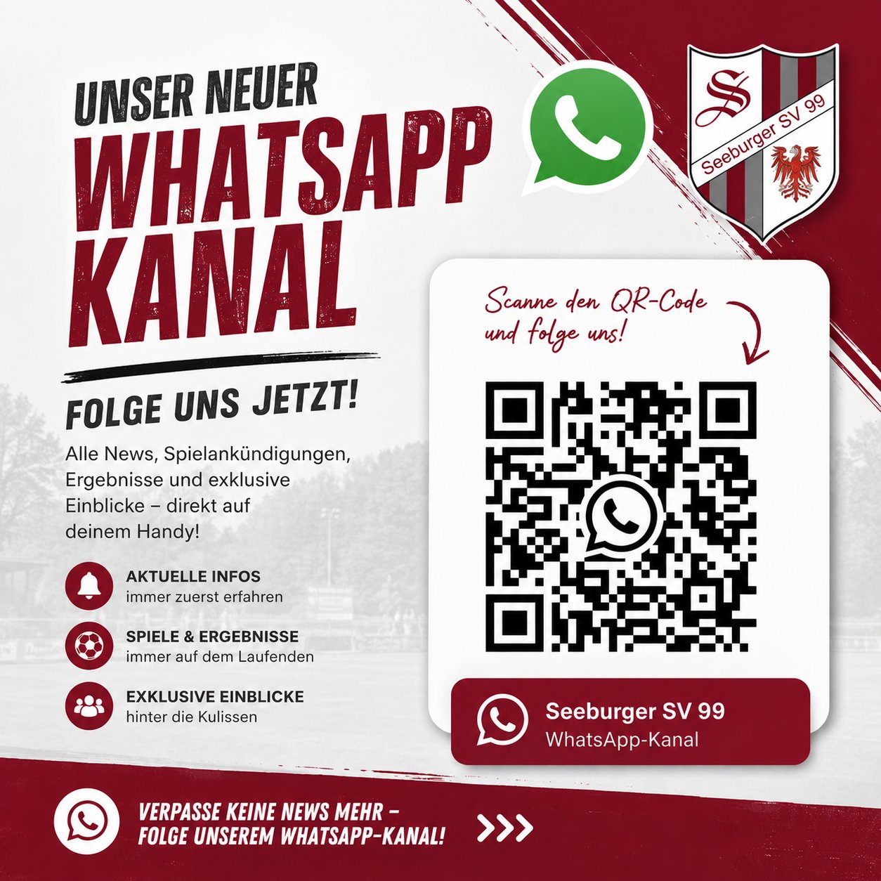 Plakat: Unser neuer WhatsApp-Kanal „Seeburger SV 99“ mit QR-Code zum Folgen